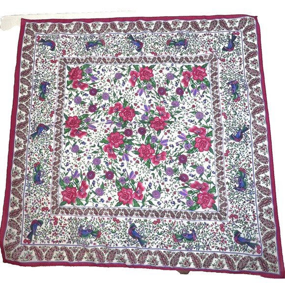 Birds and Roses Scarf 29" Red Blue Green Purple Vintage Cottagecore Floral - Picture 1 of 8